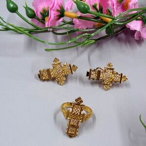 Vintage Gold Plated Geometric Cross Ring and Earrings Jewelry Set